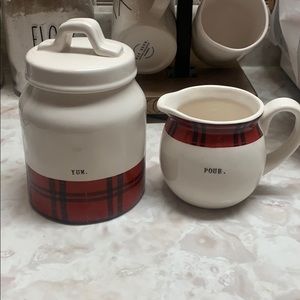 Rae Dunn plaid set. Yum canister and pour